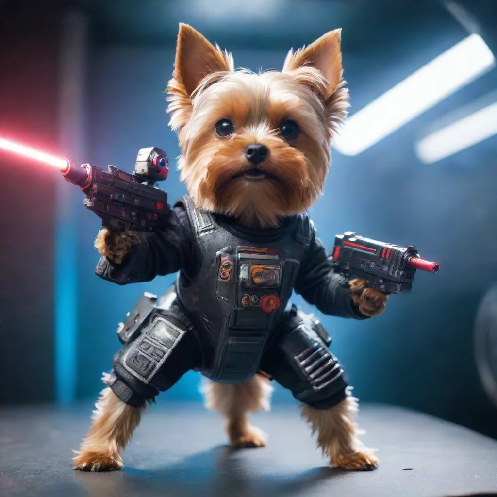 yorkshire terrier in a cyberpunk space suit firing laser gun