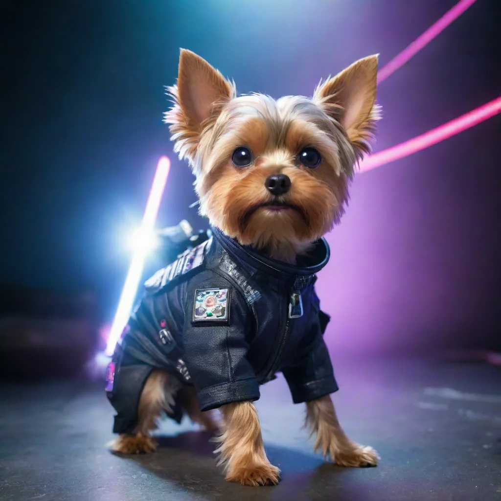 yorkshire terrier in a cyberpunk space suit firing n laser confident.