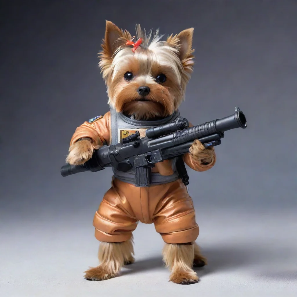 yorkshire terrier in a space suit firing a machine gun