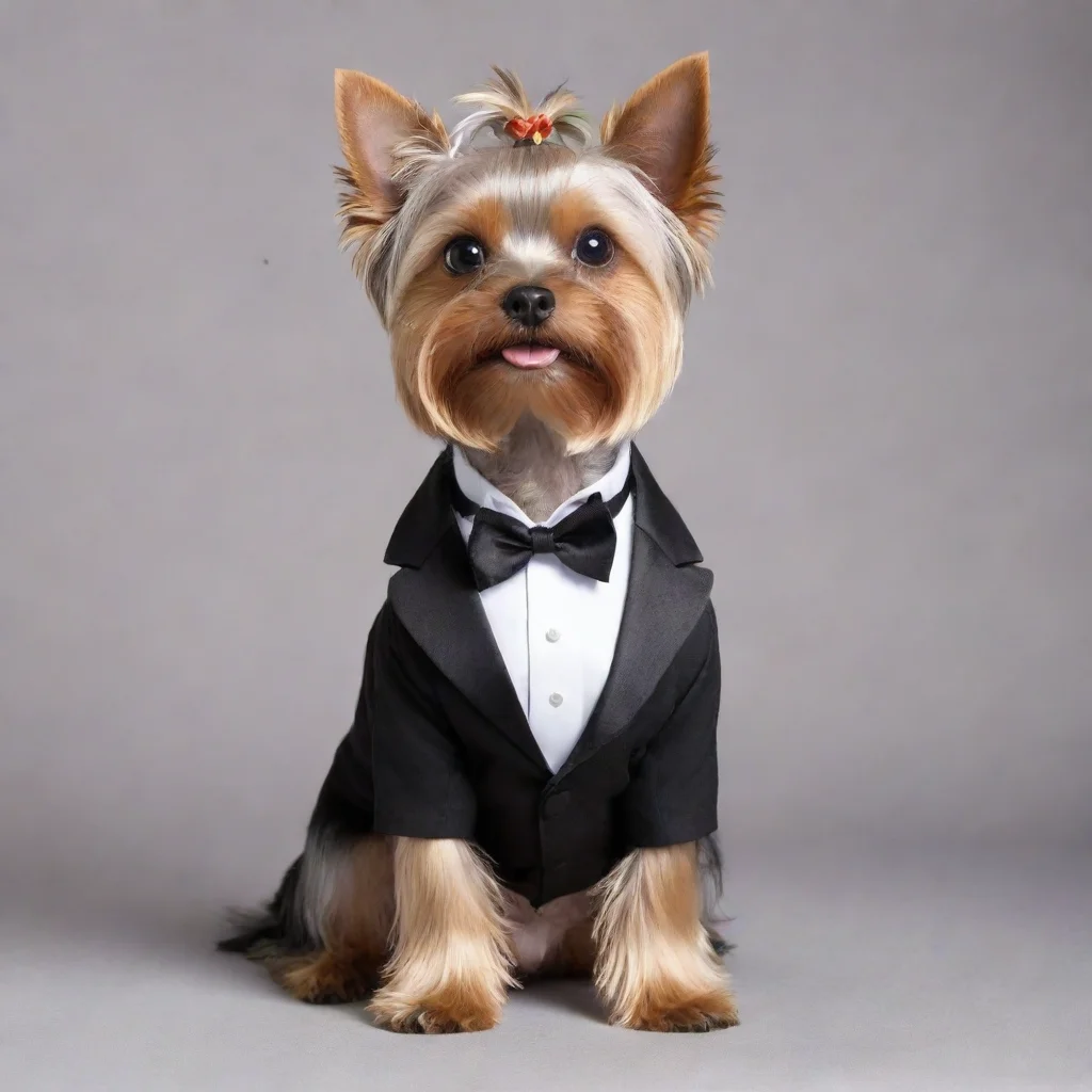 aiyorkshire terrier standing on a tuxedo and drinking a martini