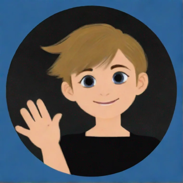 aiyoung adult waving%2C blue circle edges%2C grey background%2C dark blond hair%2C black shirt