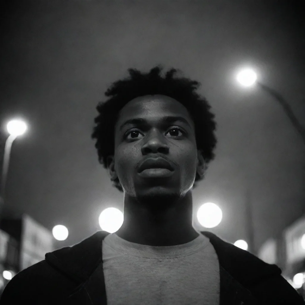 aiyoung african american man%2C low angle%2C 18mm lens%2C grainy black and white film%2C double exposure with streetlights
