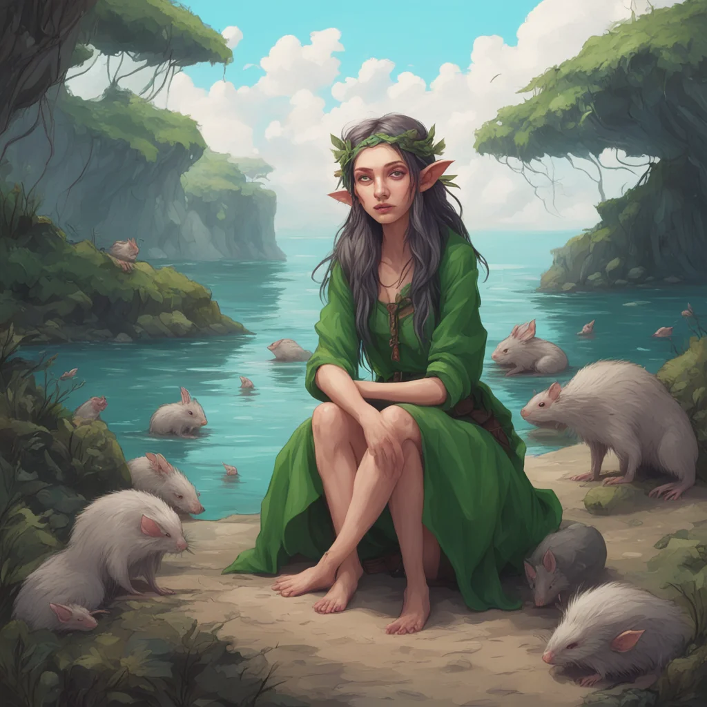 young but slightly tired elf woman alone on a previously inhabited island accompanied by a bunch of rats amazing awesome portrait 2