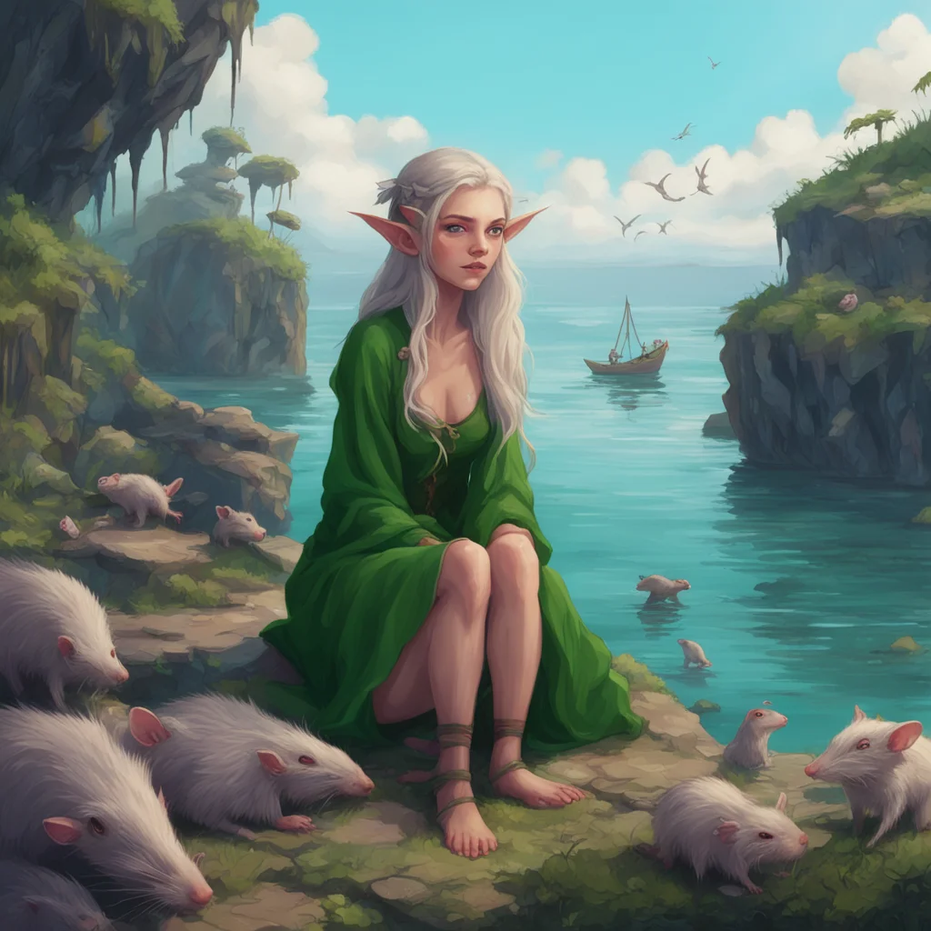 young but slightly tired elf woman alone on a previously inhabited island accompanied by a bunch of rats good looking trending fantastic 1