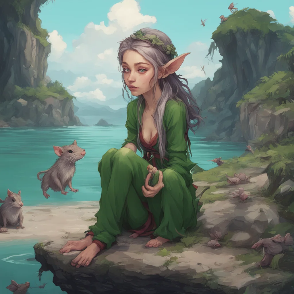 young but slightly tired elf woman alone on a previously inhabited island accompanied by a bunch of rats