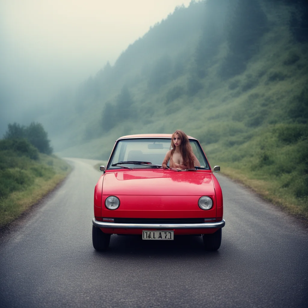 young french woman in bikini with her old red renault 5   foggy empty mountain road   dark uncanny   polaroid style amazing awesome portrait 2