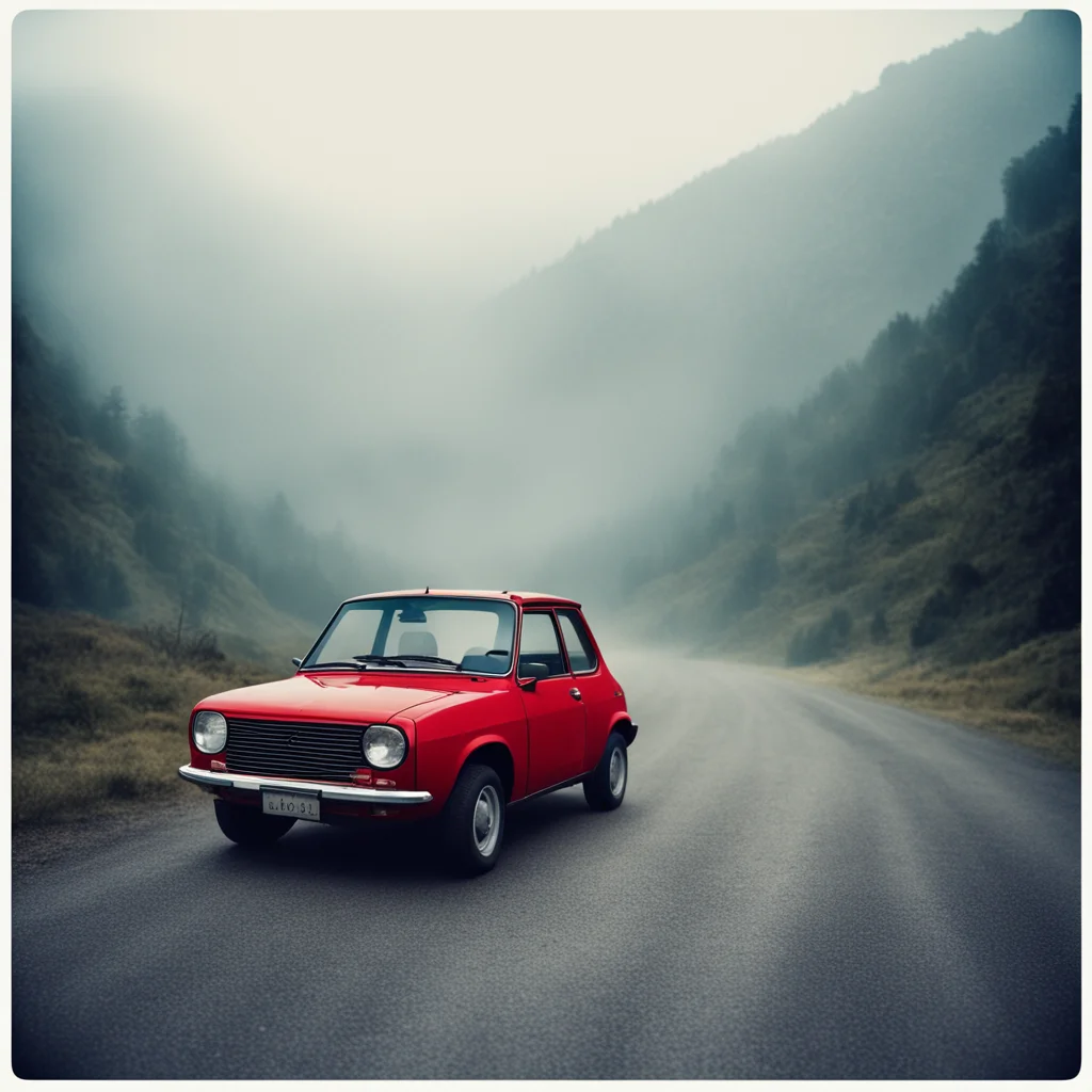 young french woman in bikini with her old red renault 5   foggy empty mountain road   dark uncanny   polaroid style confident engaging wow artstation art 3