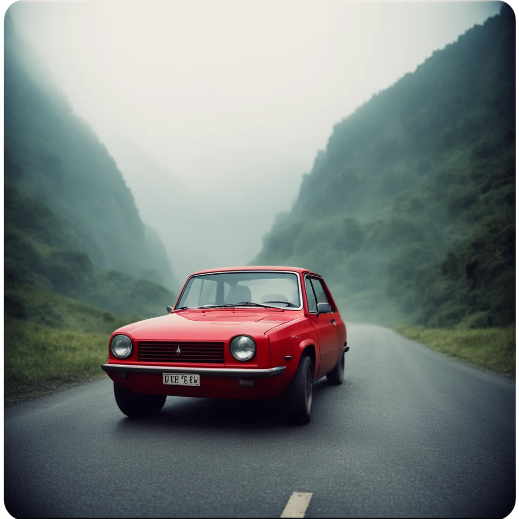 young french woman in bikini with her old red renault 5   foggy empty mountain road   dark uncanny   polaroid style good looking trending fantastic 1