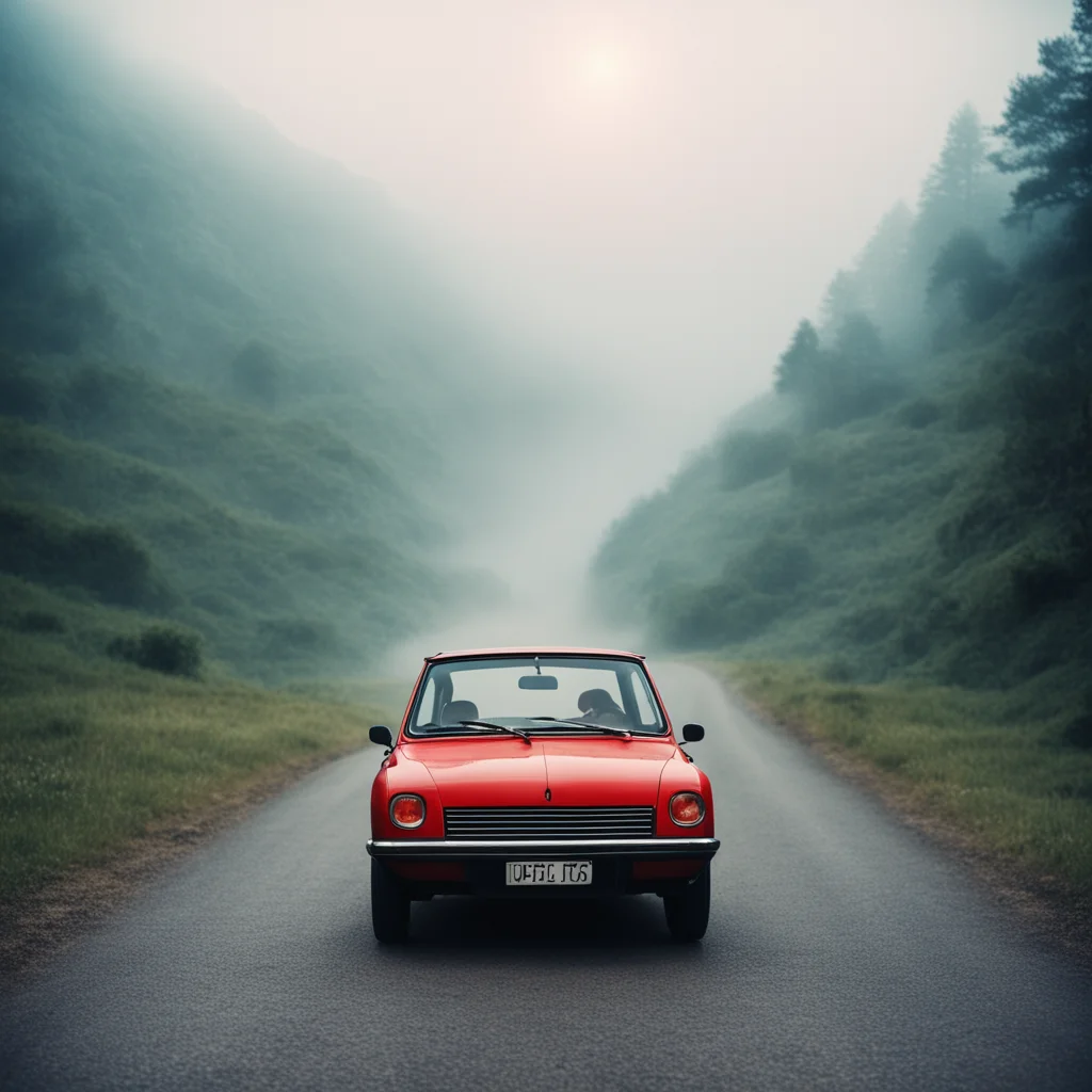 young french woman in bikini with her old red renault 5   foggy empty mountain road   dark uncanny   polaroid style