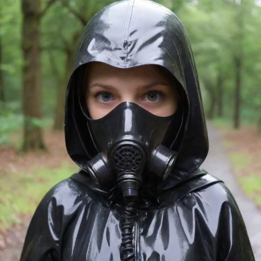 aiyoung girl long wet black raincoat enclosed hood full rubber gasmask