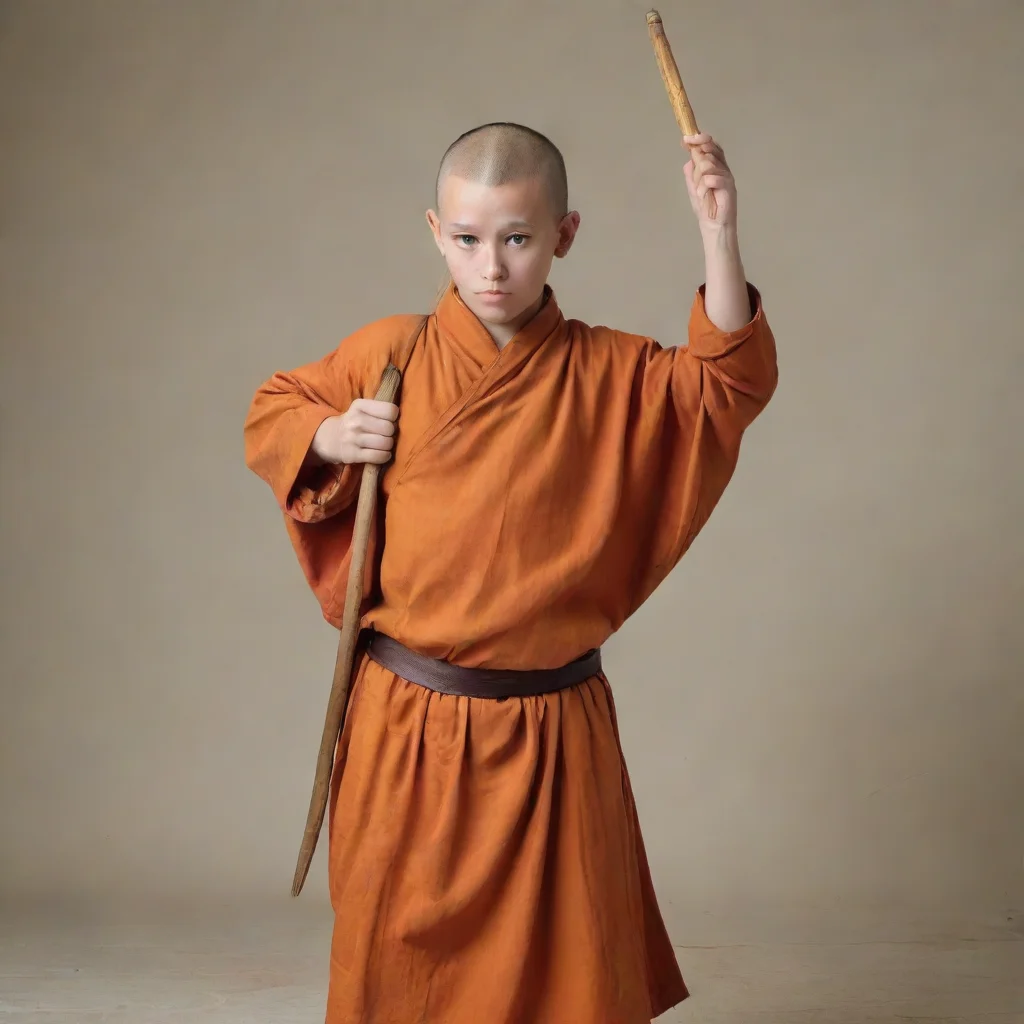 aiyoung human monk holding his quarterstaff  behind his head with both his hands