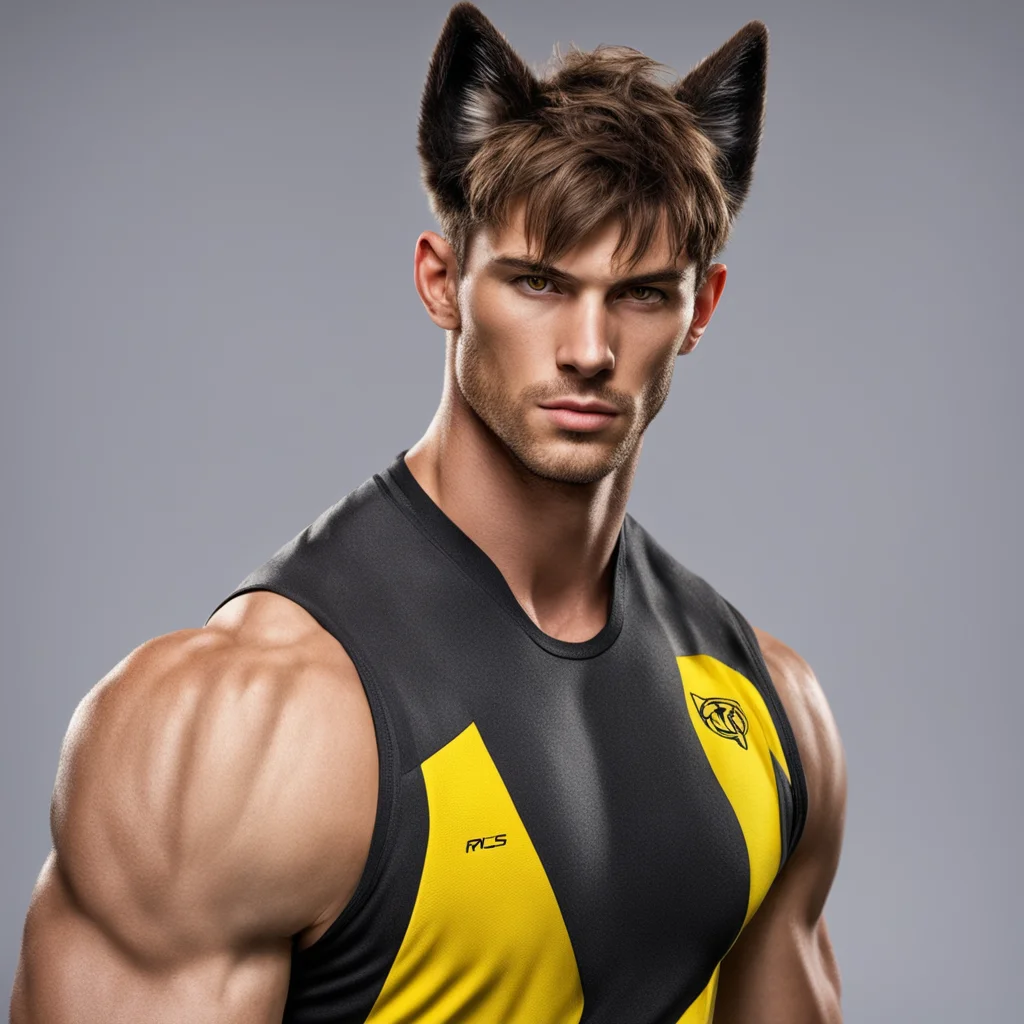 aiyoung man%2C muscular%2C short brown hair%2C wolf ears%2C yellow eyes%2C sports kit good looking trending fantastic 1