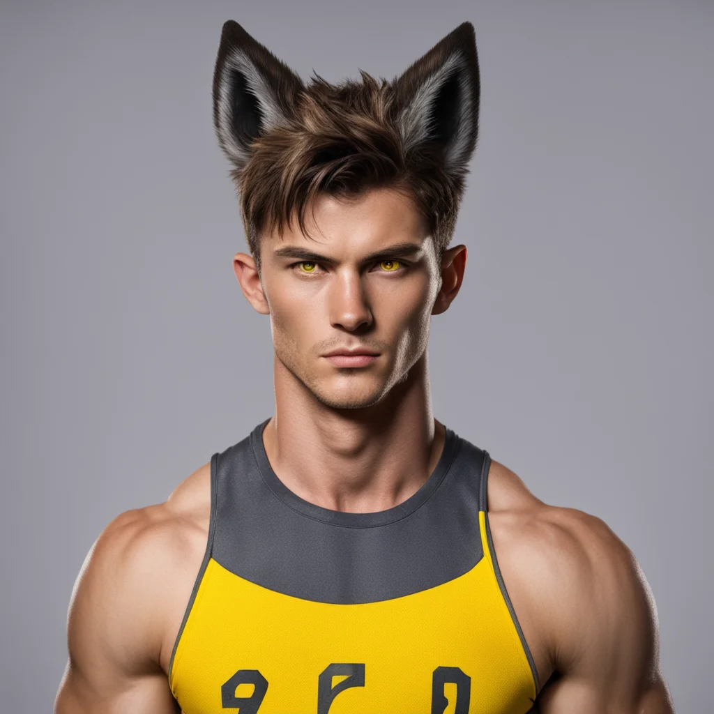 aiyoung man%2C muscular%2C short brown hair%2C wolf ears%2C yellow eyes%2C sports kit