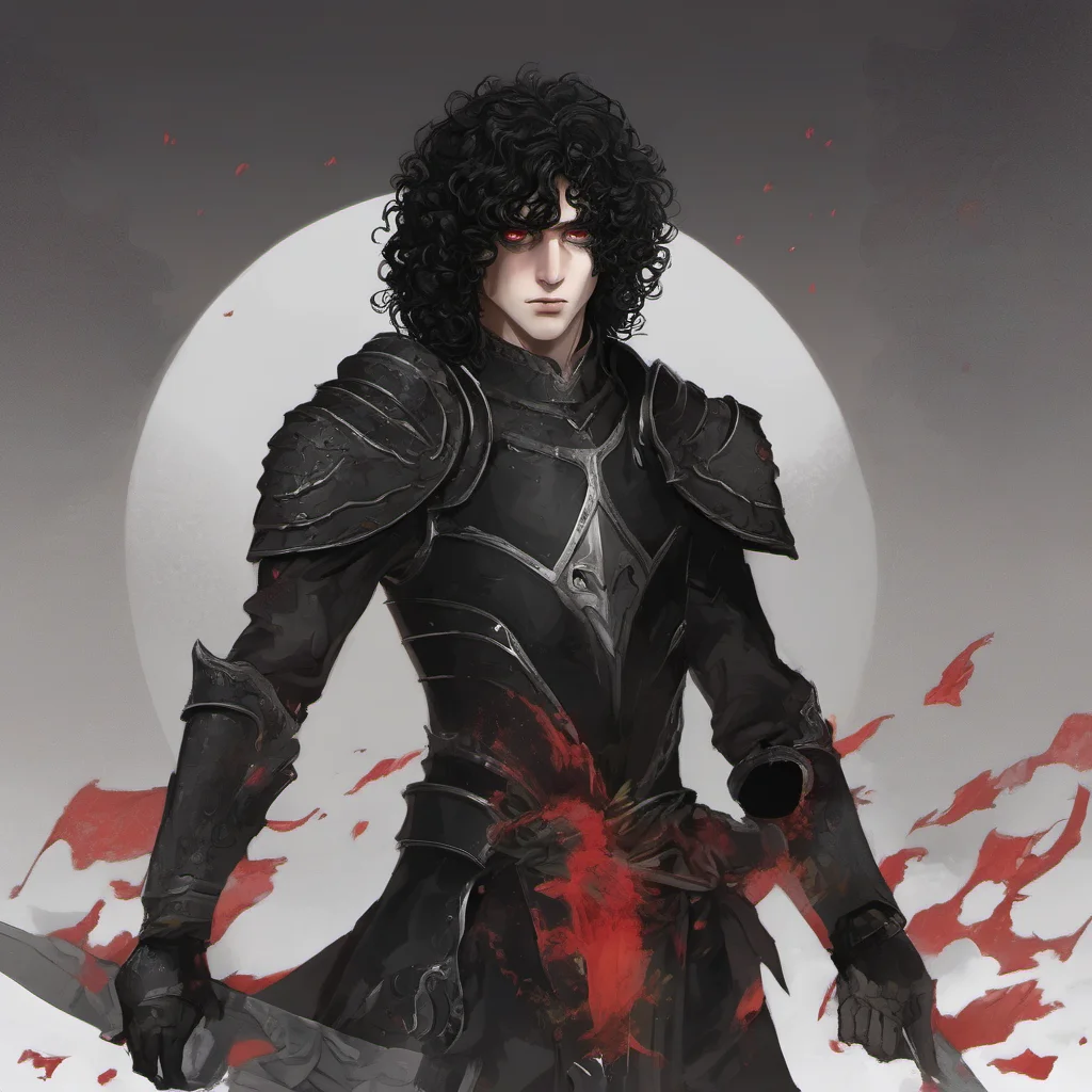 aiyoung man in black armor%2C he has long black curly hair%2C a melancholic face and red eyes amazing awesome portrait 2