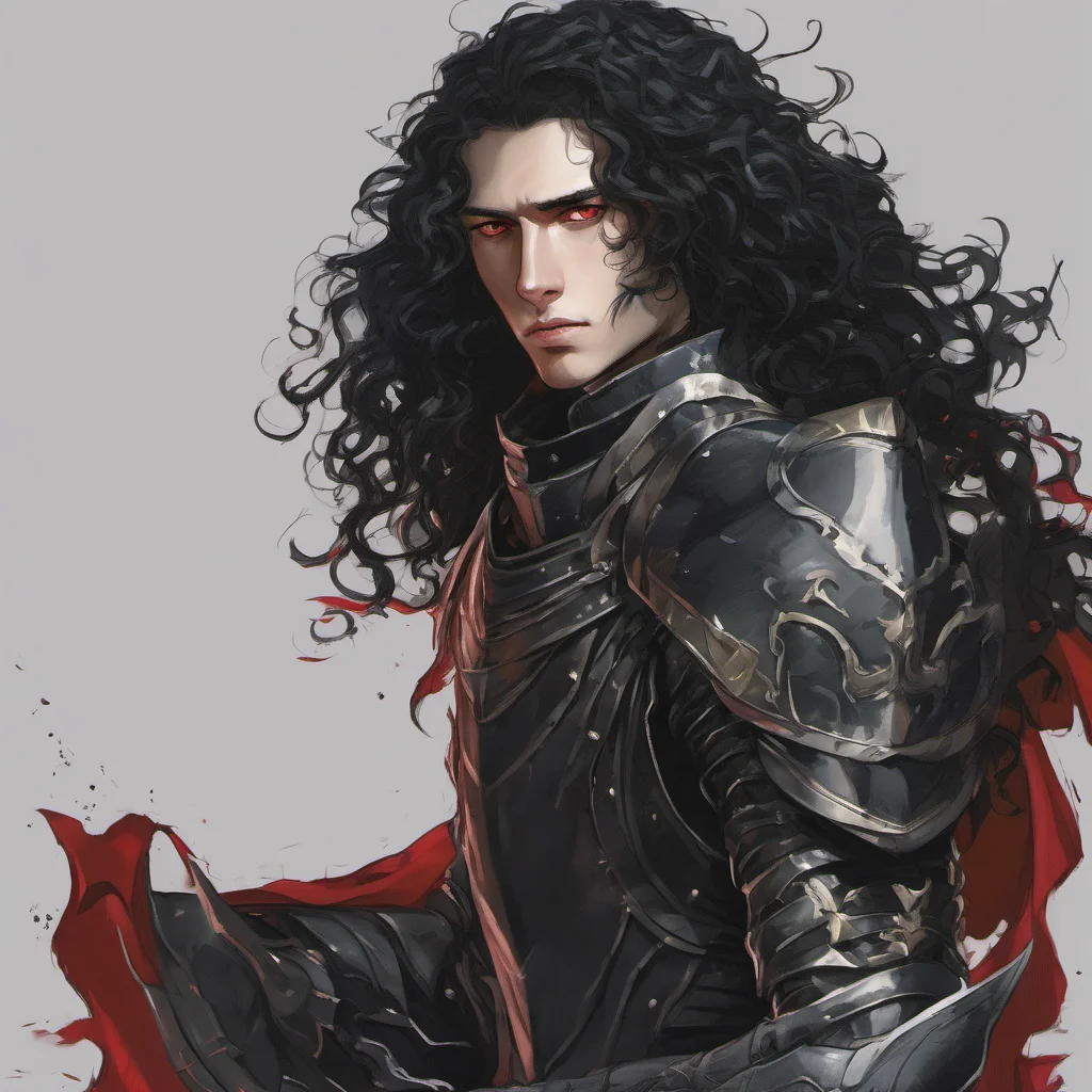 aiyoung man in black armor%2C he has long black curly hair%2C a melancholic face and red eyes confident engaging wow artstation art 3