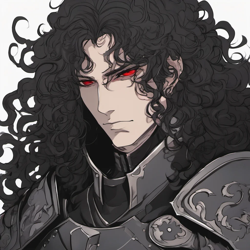 aiyoung man in black armor%2C he has long black curly hair%2C a melancholic face and red eyes good looking trending fantastic 1