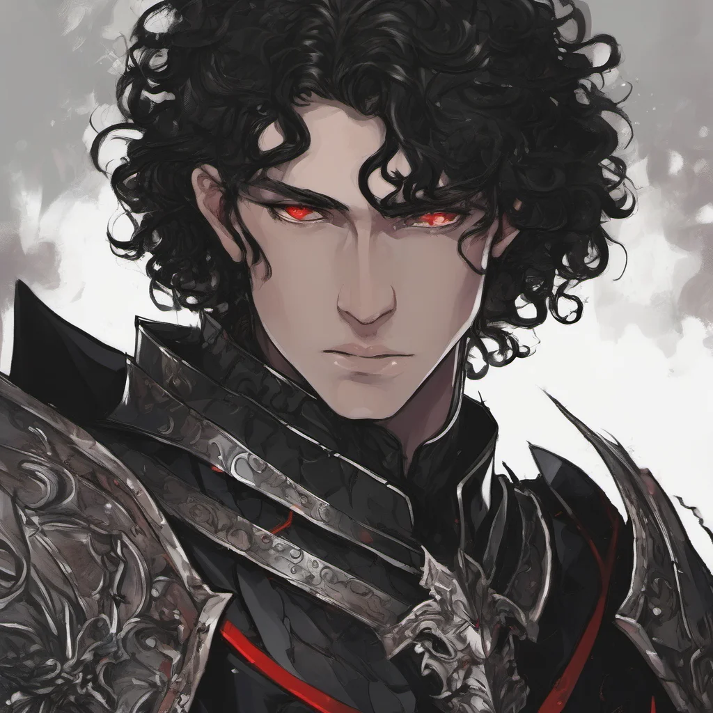 aiyoung man in black armor%2C he has long black curly hair%2C a melancholic face and red eyes