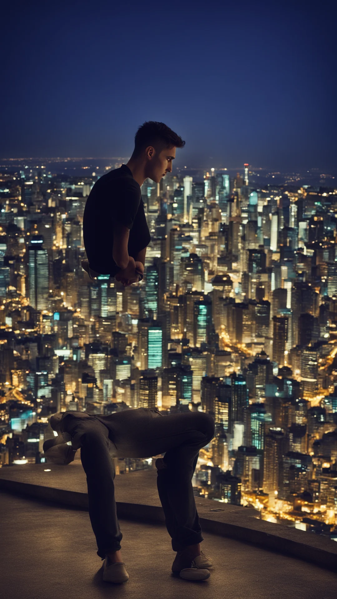 aiyoung man sitting on terace and looking on city at night amazing awesome portrait 2 tall