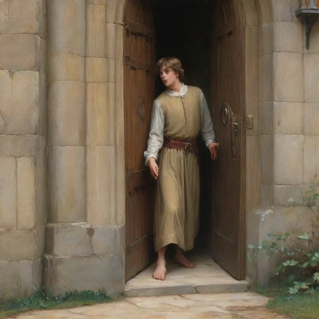 young man sneaking out of a castle door by edmund blair leighton no other people ml