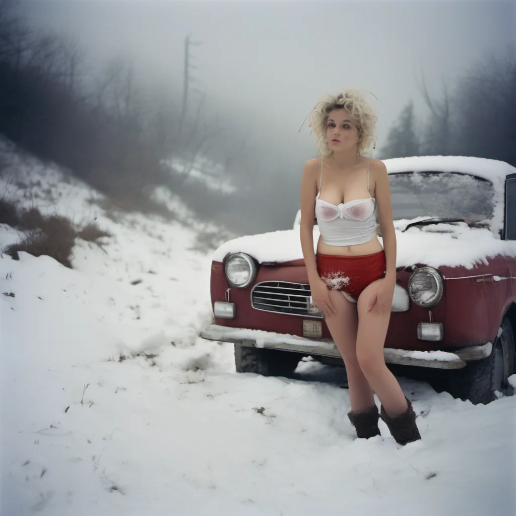 young natural mountain girl   red mesh panties   mesh bra    messy snowy hair   with dirty old white trashy trabant    misty uncanny dark snowy foggy