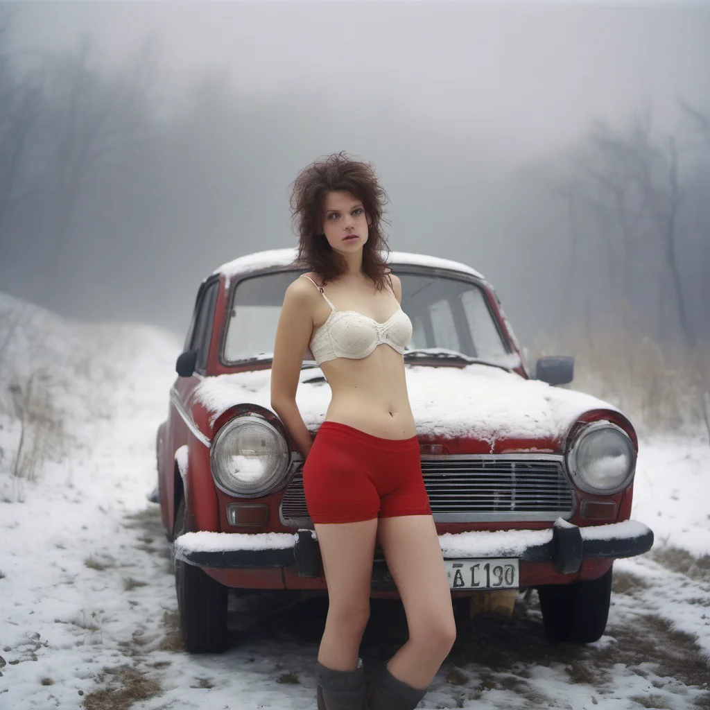 young natural swiss girl   red mesh panties   mesh bra    messy hair   with dirty old white trashy trabant    misty uncanny dark snowy foggy land