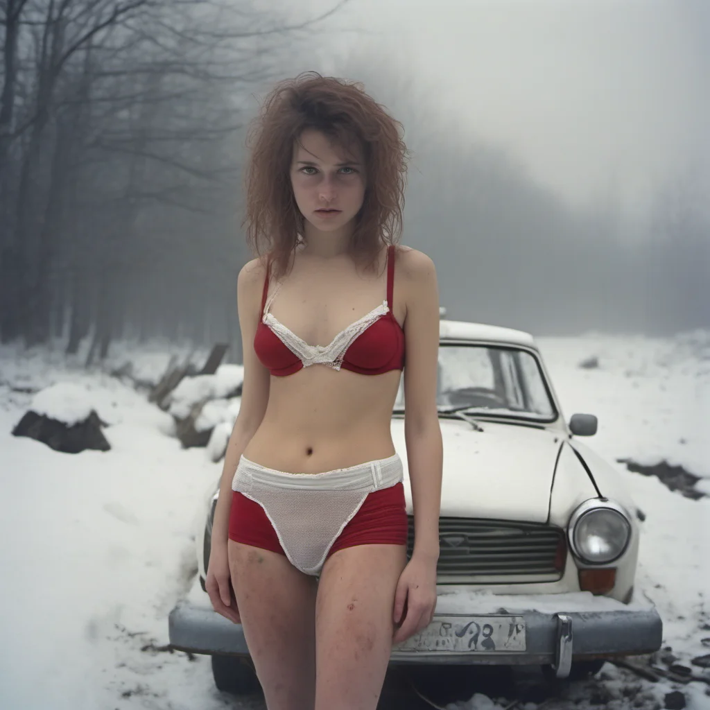 young natural swiss girl   red mesh panties   mesh bra    messy hair   with dirty old white trashy trabant    misty uncanny dark snowy foggy land