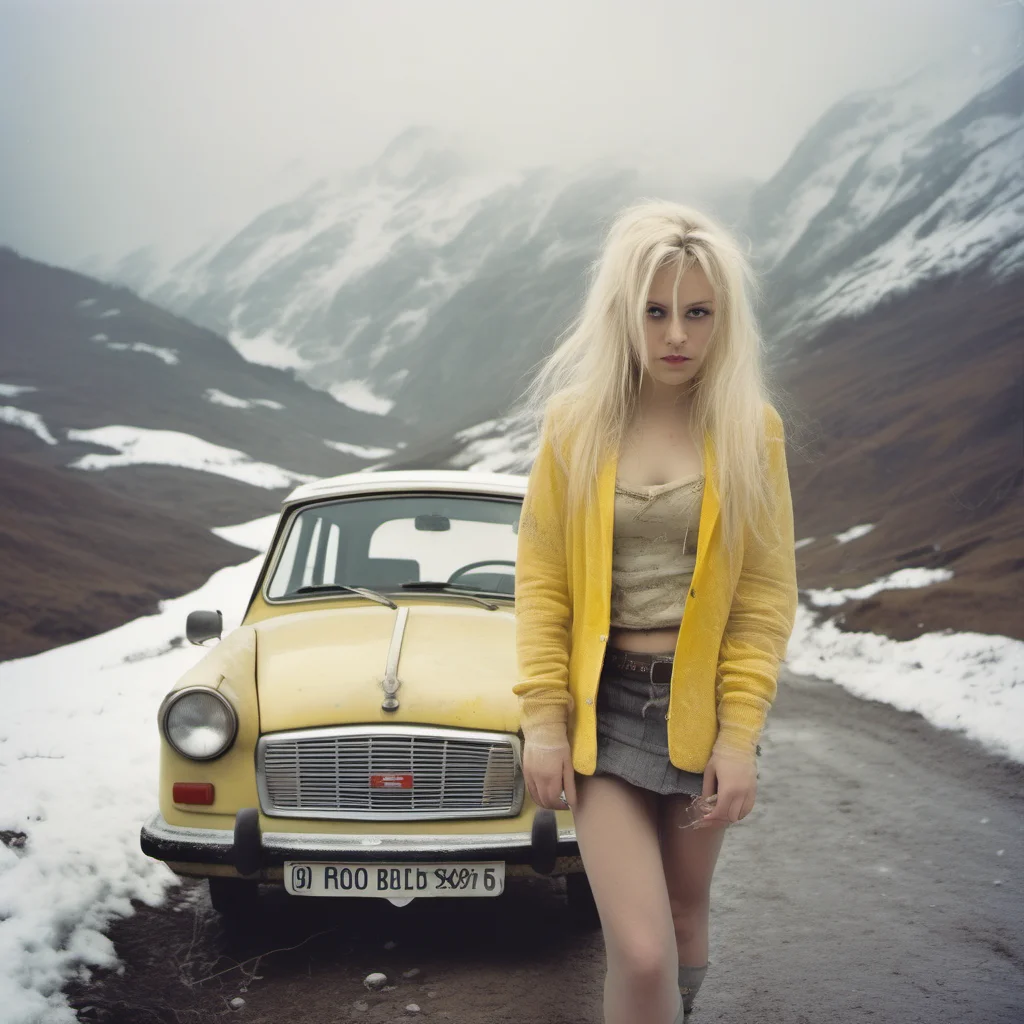 young natural swiss mountain girl   yellow miniskirt   mesh bra    messy snowy blonde hair   with dirty old white trashy trabant    misty uncanny dark snowy
