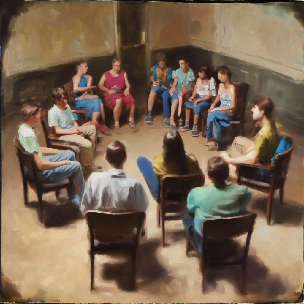 young people at a self help group sitting in chairs in a circle real photographic impressionist
