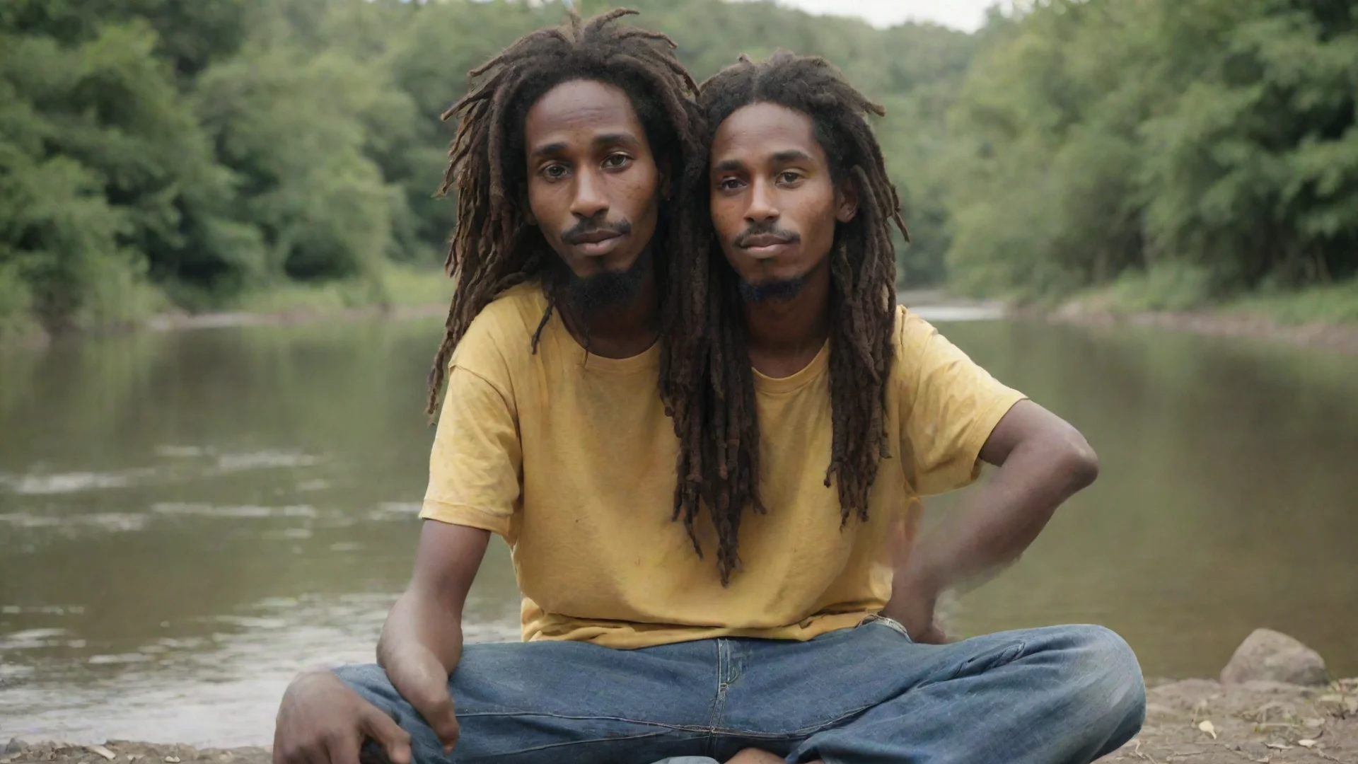 young rastaman sitting by the river wide