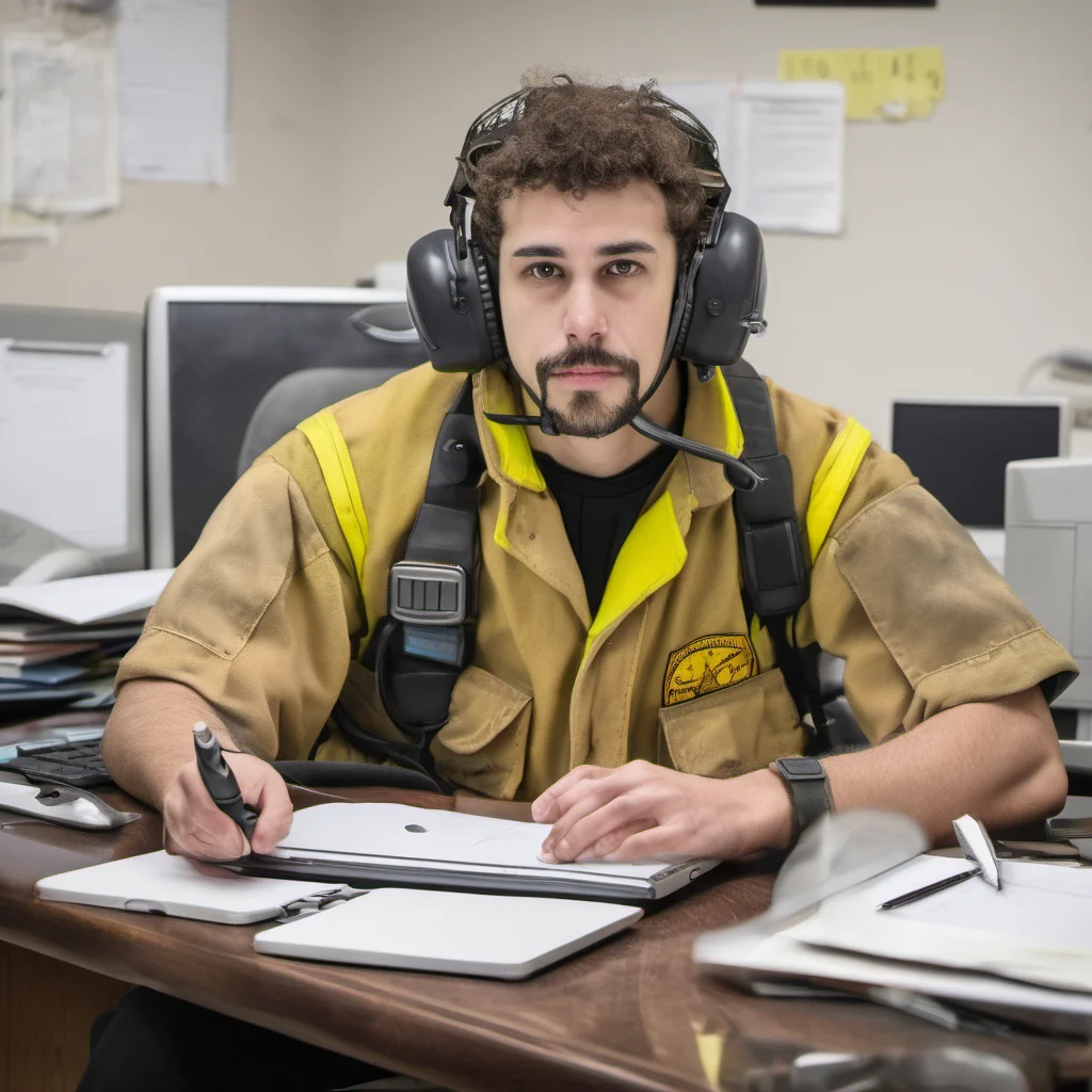 aiyoung thin firefighter with a goatee and without a helmet sitting on a desk with a computer. amazing awesome portrait 2