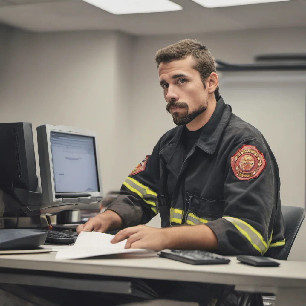 aiyoung thin firefighter with a goatee and without a helmet sitting on a desk with a computer. good looking trending fantastic 1