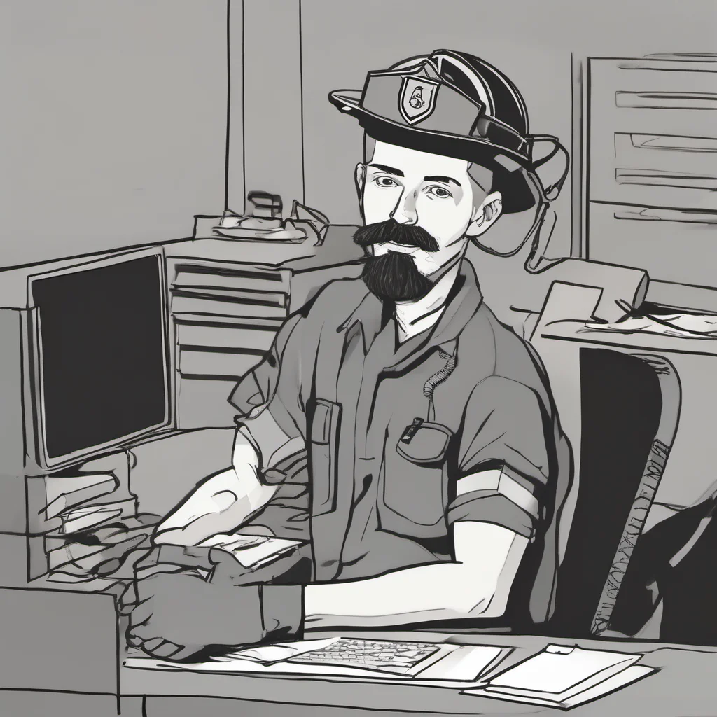 aiyoung thin firefighter with a goatee and without a helmet sitting on a desk with a computer.