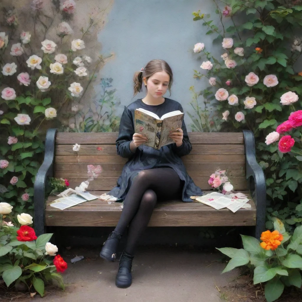 aiyoung woman sitting on a park bench surrounded by flowers reading a book in the style of banksy