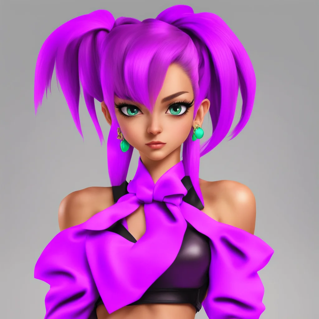 aiyu gi oh style%2C a tanned girl with purple hair in a high ponytail with a bow