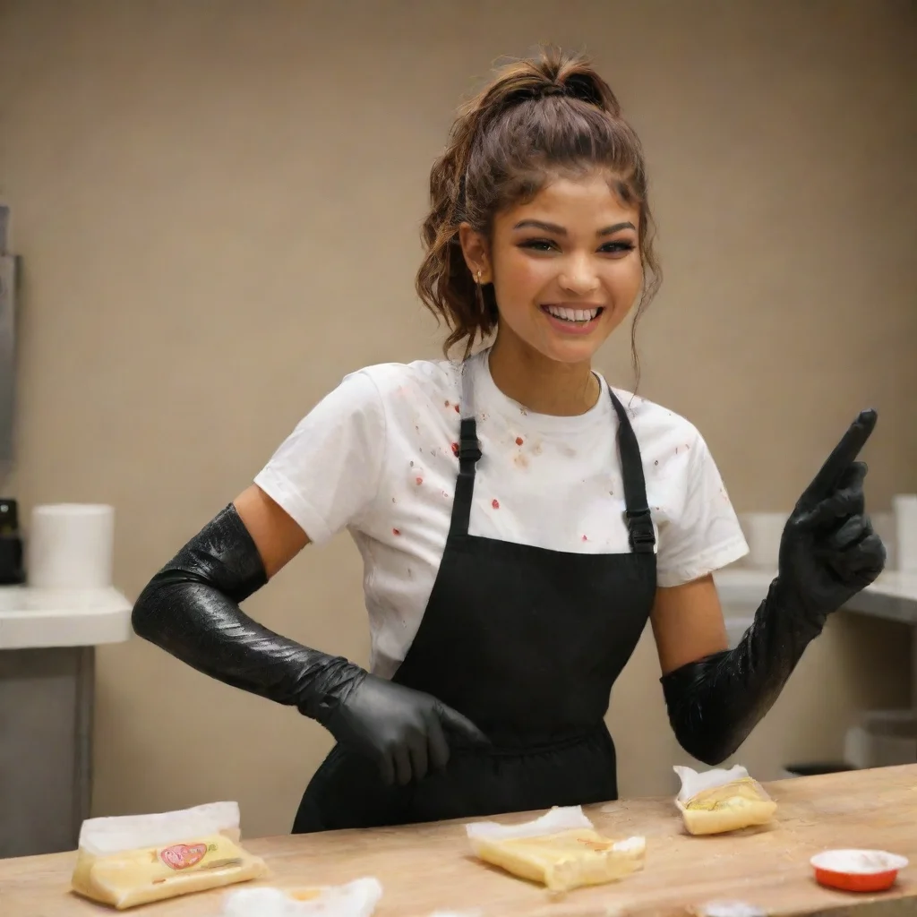 zendaya smiling  with black nitrile gloves and gun  and  mayonnaise splattered everywhere
