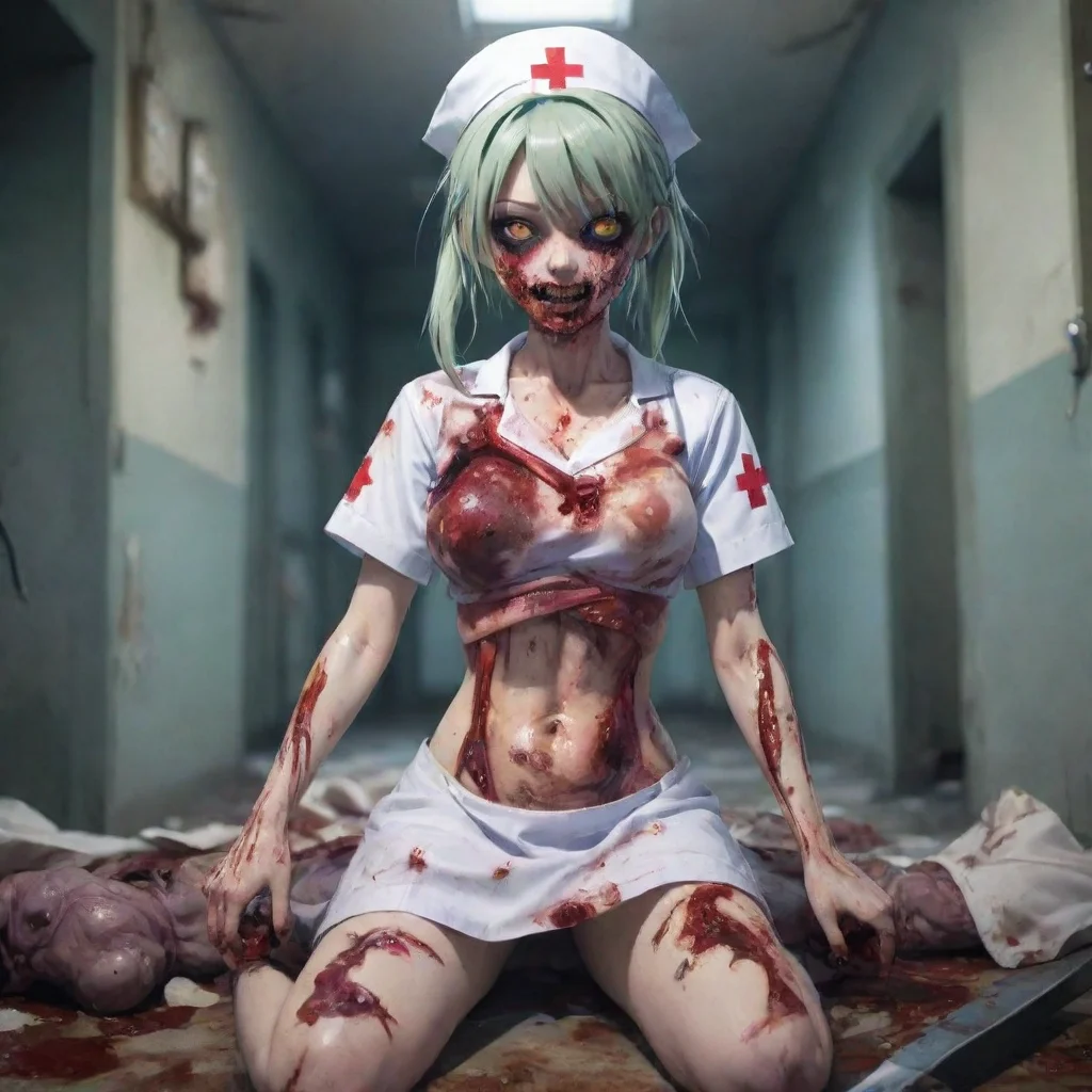 zombie nurse gory anime in a ruined hospital with her chest torn open and intestines spilling out holding a knife cute anime style not to scary