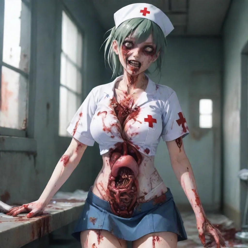 zombie nurse gory anime in a ruined hospital with her chest torn open and intestines spilling out holding a knife cute anime style