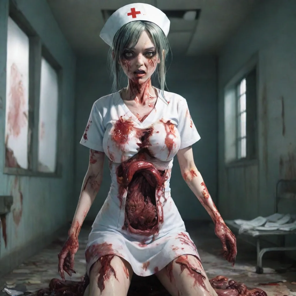aizombie nurse gory anime in a ruined hospital with her chest torn open and intestines spilling out holding a knife
