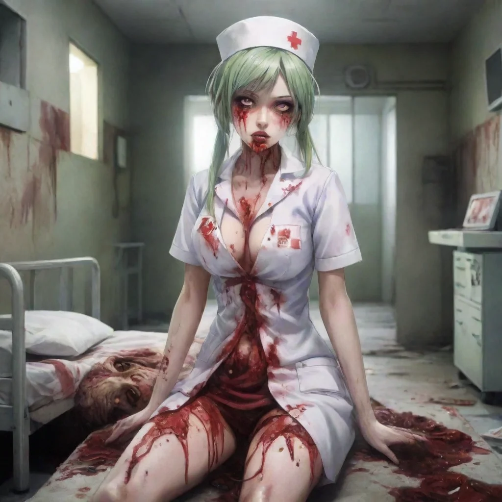 aizombie nurse gory anime in a ruined hospital