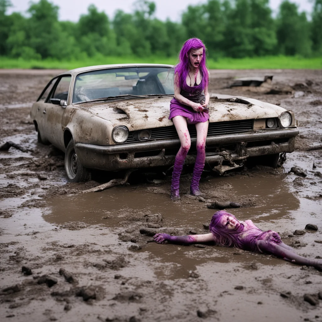 zombiegirl with her crashed car stuck in the mud good looking trending fantastic 1