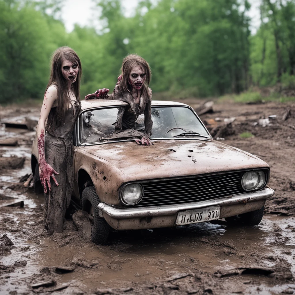 zombiegirl with her crashed car stuck in the mud
